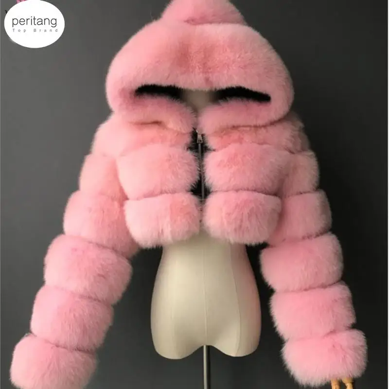 

High Quality Furry Cropped Faux Fur Coats And Jackets Women Fluffy Top Coat With Hooded Winter Fur Jacket Manteau Femme
