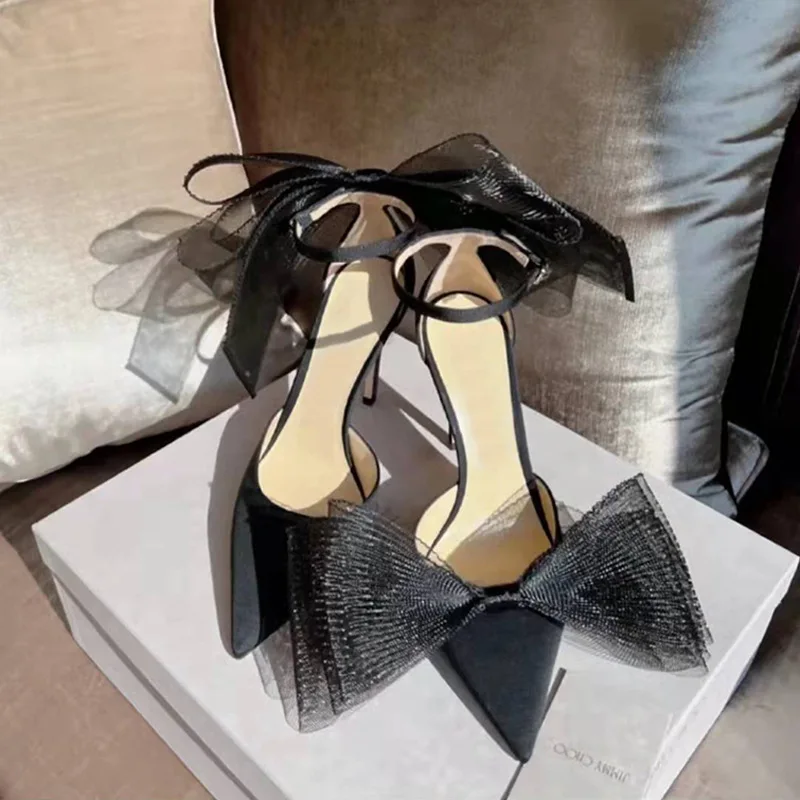 

Bow Knot High Heels Women's Shoes 2022 Early Spring Pointed Toe Fashion One Word Belt Sandals Fashion Simple Women's Shoes