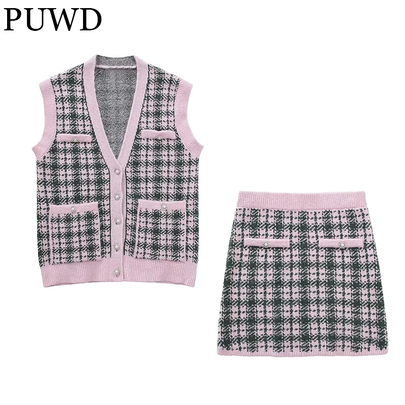 

Женский трикотажный комплект из майки и юбки PUWD в клетку, весна-осень 2022, элегантный женский костюм, винтажная свободная шикарная юбка на пу...