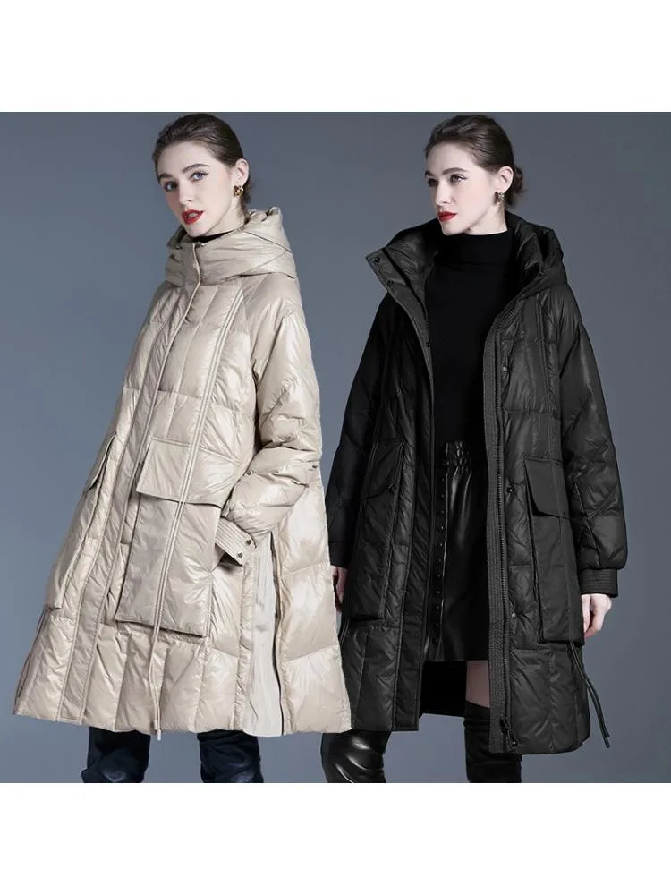 European Station 2022 Winter Long Hooded Thicked 90 White Duck Down Coats Women Black Loose Padded Warmer Cloth Jackets
