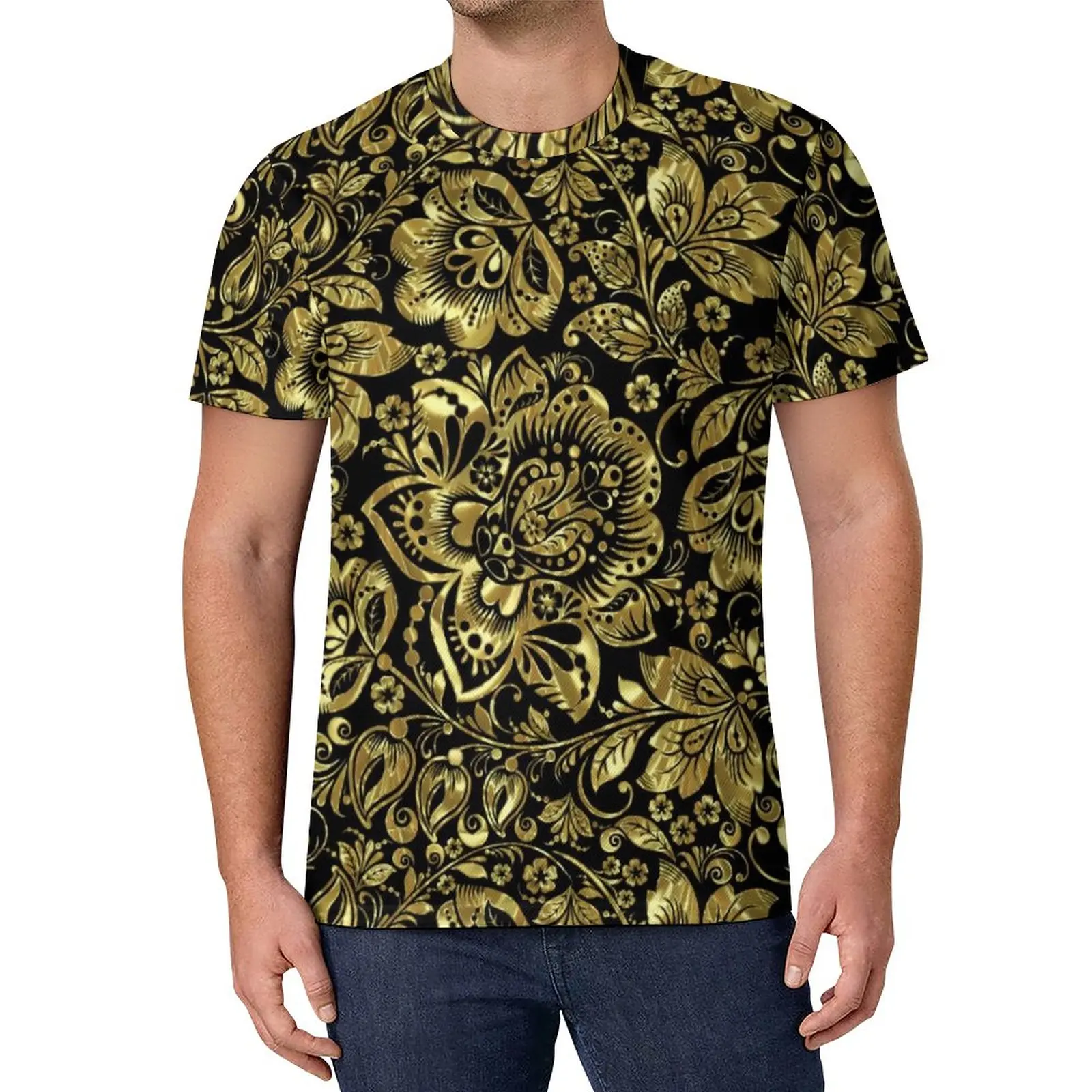 

Винтажная футболка с цветочным принтом в стиле барокко, футболки в стиле Харадзюку с золотыми цветами, футболки с коротким рукавом на заказ, футболки большого размера Y2K