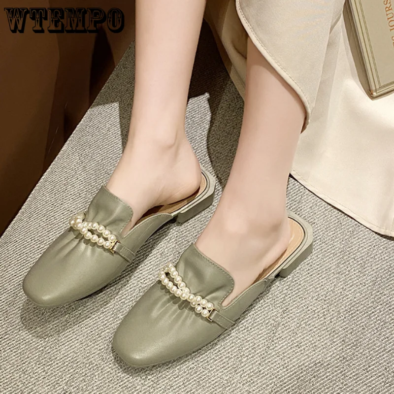 WTEMPO Leather Sandals Summer Women Casual Slippers Fashion Wear Single Shoes Girl Pearl Square Heel Half Slippers Dropshipping