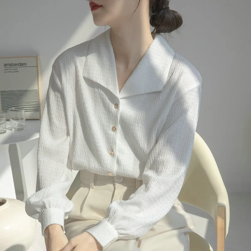 Женская Офисная Рубашка С Длинным Рукавом Элегантная Белая Свободная Блузка