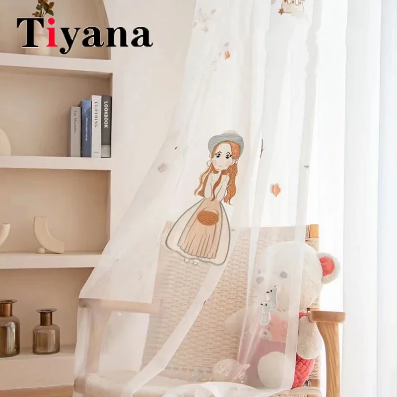 

Cartoon Princess Embroidered Gauze Curtain Children Girls' Room Sheer Tulle Curtains For Living Room Balcony Window Voile Drapes