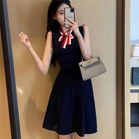 bow knitted dress women loose french elegant slim sleeveless mini dress sweet casual a line office lady bodycon vestidos n727