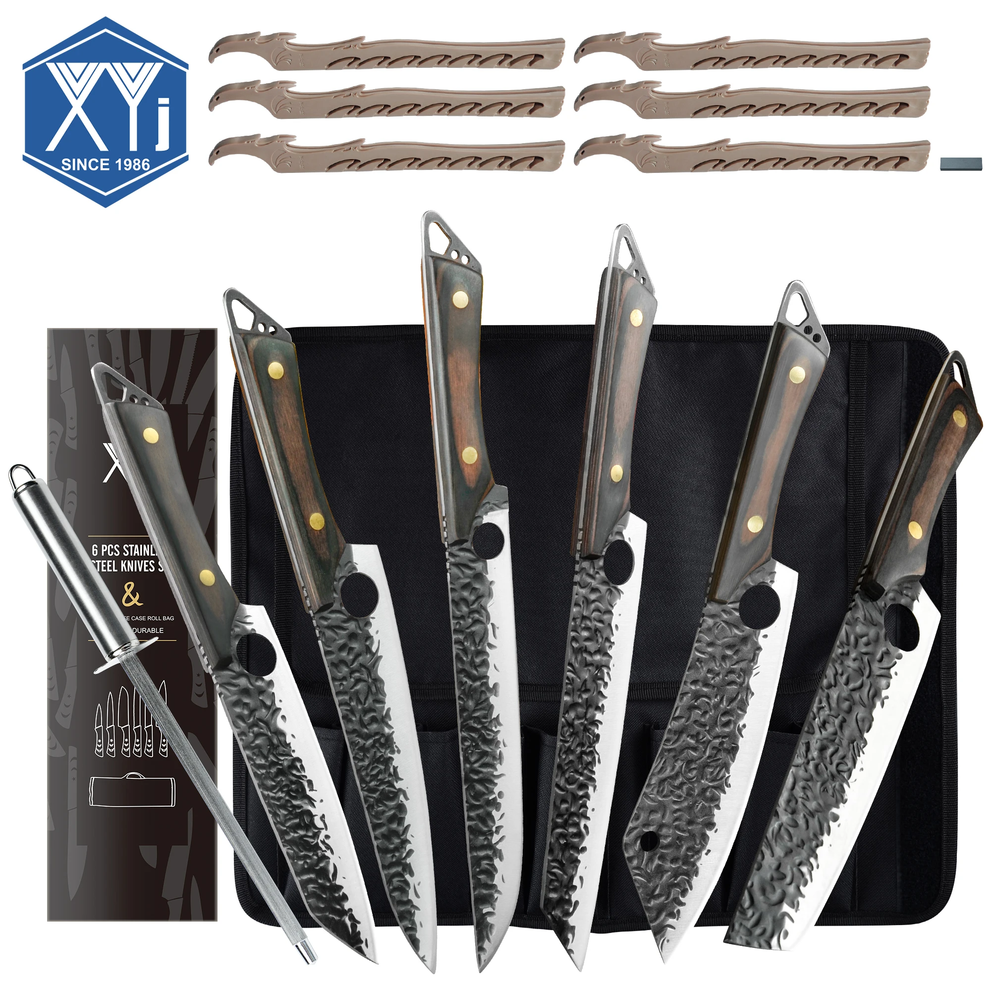 

6pcs Handmade Kitchen Knife Set Stainless Steel Stone Washing Cooking Knives Slicing Chef Knife Kit Knives Bag Sharpening Tool