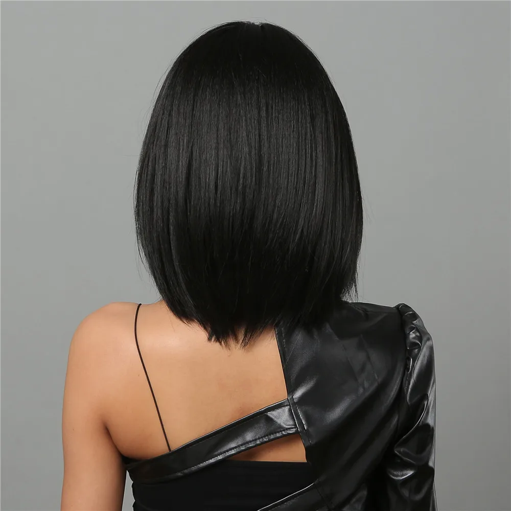 Black Dark Brown Synthetic Bob Wig Shoulder Length Golden Highlight Wigs for Women Afro Middle Part Wig Heat Resistant Fake Hair