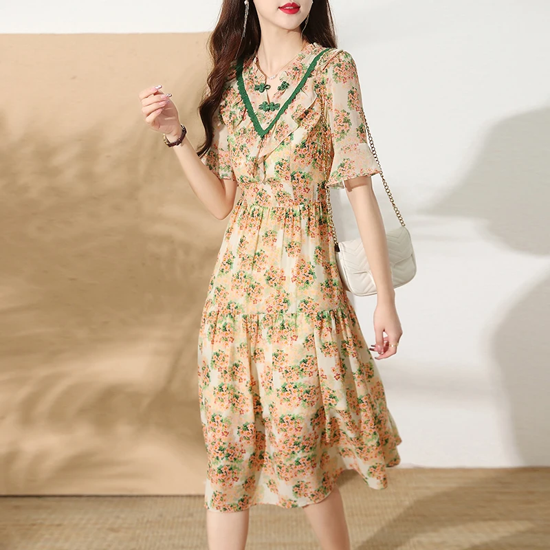 Винтажное шифоновое летнее платье в китайском стиле для женщин с V-образным
