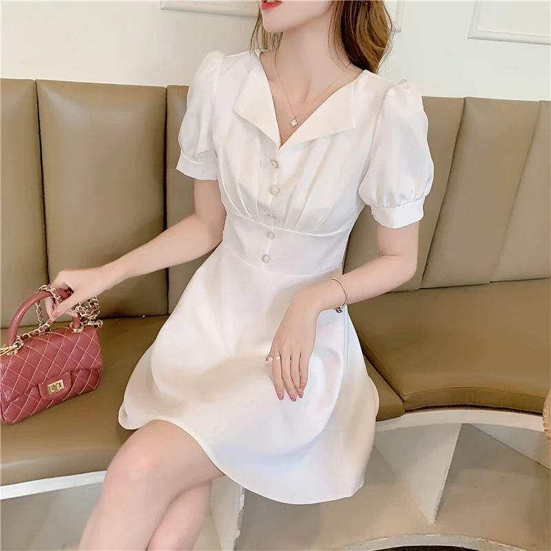 

French Lapel White Dresses Women Summer Careful Design Sense of Temperament High Waist Thin Vintage Dress for Mother's Day Gift