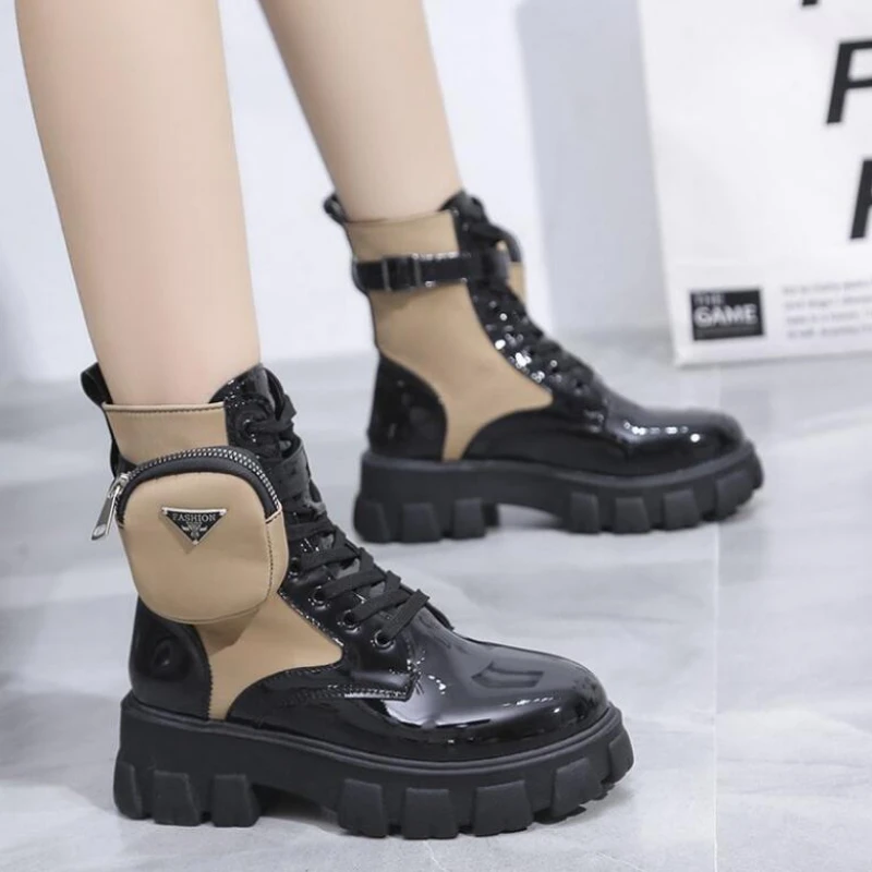 

Booties Punk Ankle Platform Motorcycle Martin Boots Women Lace Up Chunky Heel Belt Buckle Pocket Designer Shoes Botas De Mujer