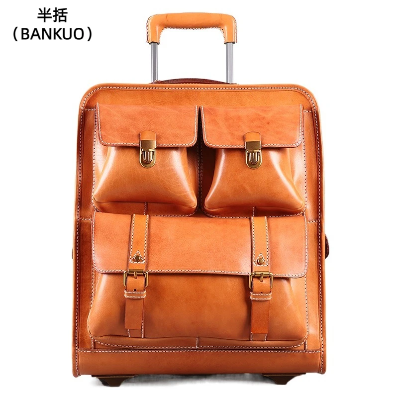 

BANKUO 100% Cow Leather New Portable Travel Trolley Case 22 "Large Capacity Multi-Function Pocket Suitcase