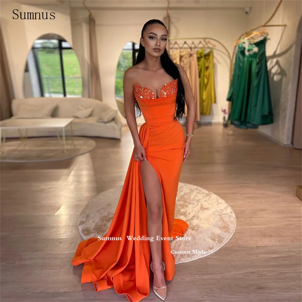 

Sumnus Sexy Prom Dresses Orange Slit Mermaid Sequined Strapless Vestidos De Fiesta Elegantes Para Mujer 2023 Robes De Soirée