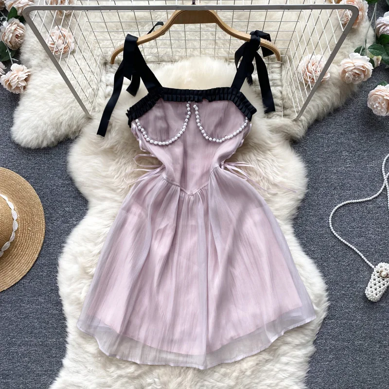 

Pink Sling Dress Summer French Mesh Birthday Skirt Short