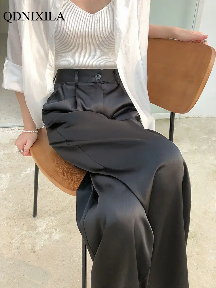 2023 New In Women's Pants Wide Leg High Waist Silk Satin Casual Black Korean Fashion Oversize 5XL Woman Suit Trousers Streetwear