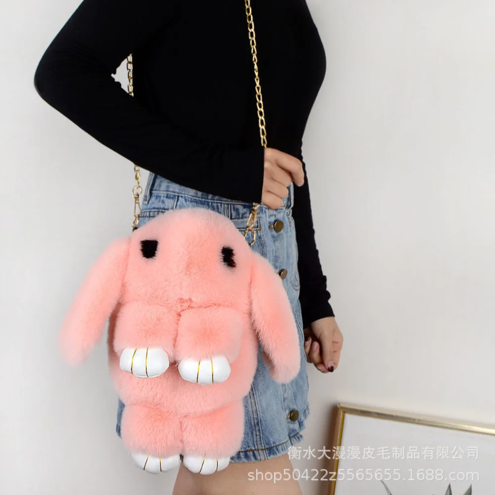 Cute Cartoon Stuffed Rabbit Backpack Shoulder Imitation Crossbody Bag Fur Pompoms Chain Bag Plush Backpack Girl Birthday Gifts