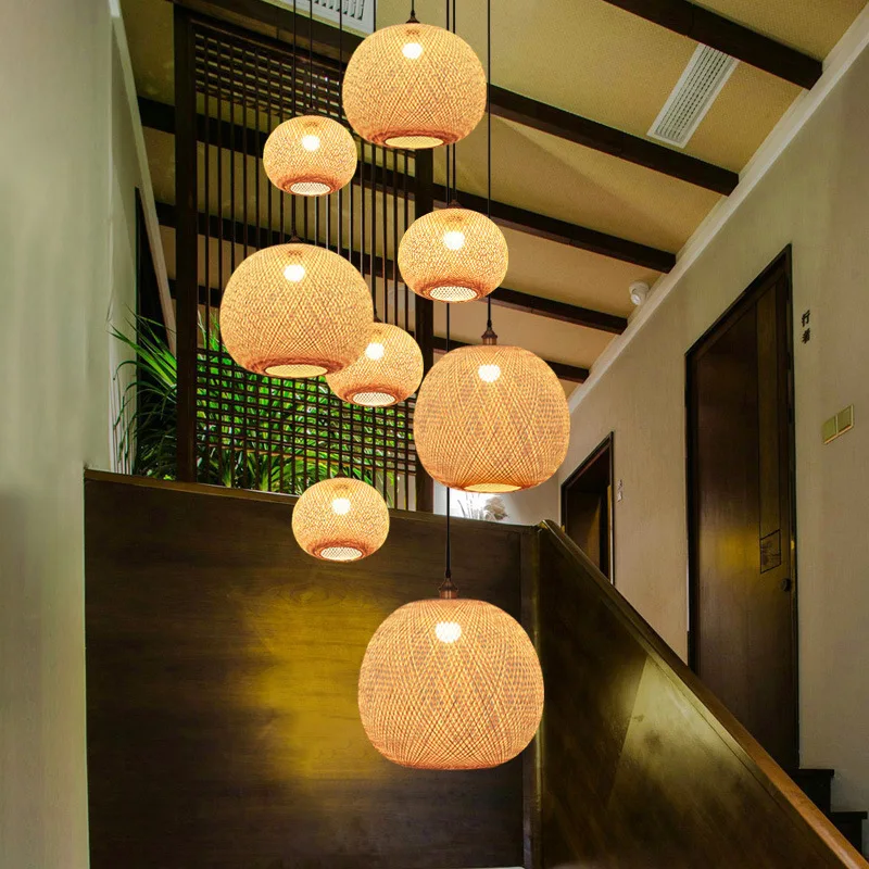 Chinese restaurant Lantern chandelier bamboo woven lamp Tea Room Zen staircase light high livingroom ball beauty salon lamp