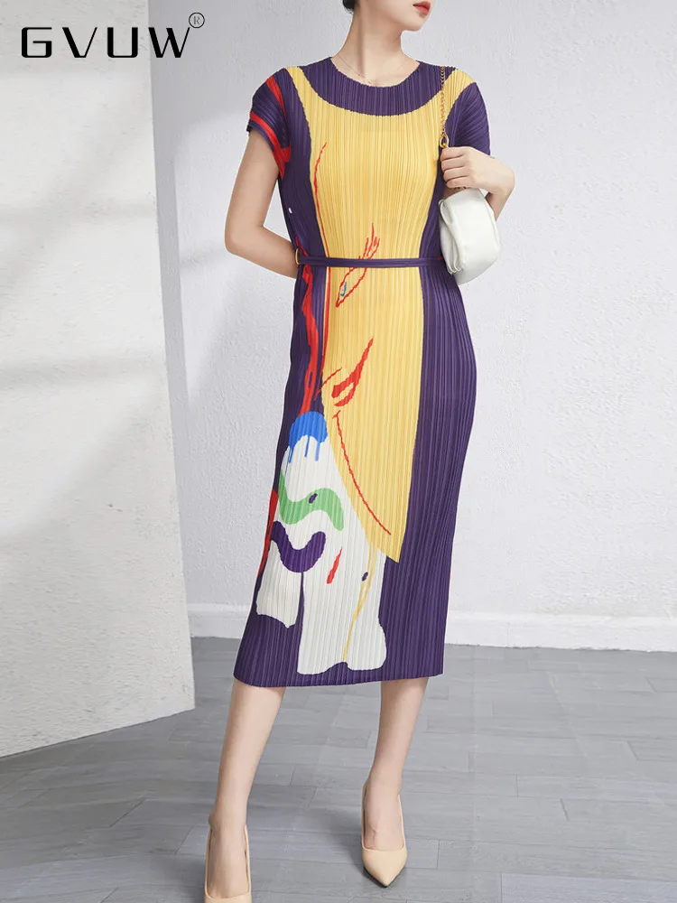 

GVUW Retro Pleated Dress Women Patchwork O-neck Loose Short Sleeve Belt Female Fashion Clothing Elegant 2023 Spring New 17G0566