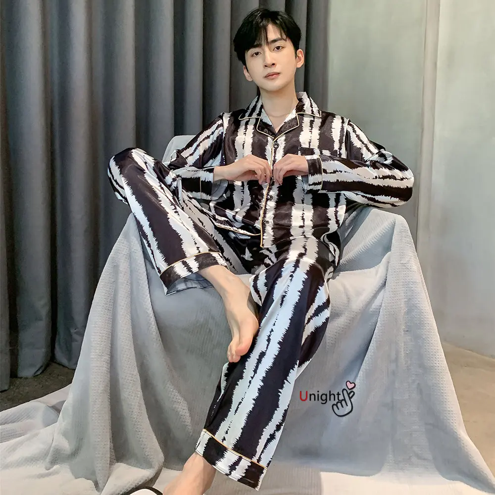 Men Silk Satin Pajamas Sets Long Sleeve Pyjamas Suit Sleepwear Pijama Men Loungewear Plus Size Set L-5XL Sleepwear Set Nightwear