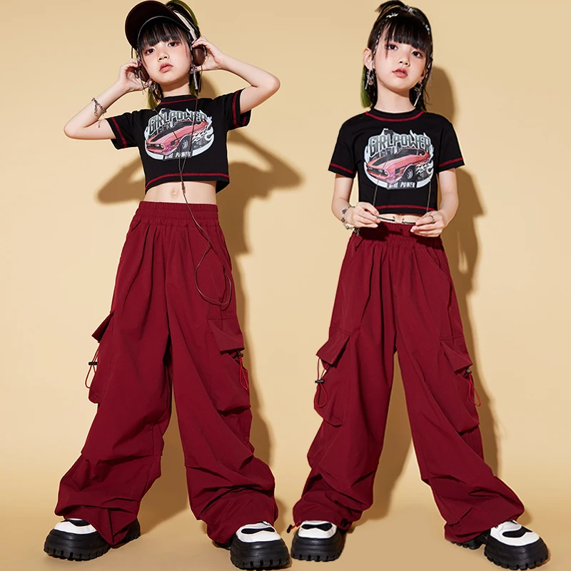 

New Hip Hop Sweatshirt Solid Color Cargo Pants Girl Crop Top Street Dance Clothes Set Kids Streetwear Outfit Child Jazz Costumes