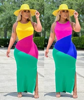 summer casual color matching long dress women fashion vacation style color matching sleeveless slit long dress women
