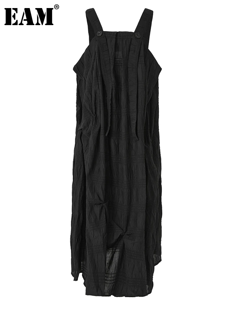 

[EAM] женское черное плиссированное платье большого размера, длинное платье на бретелях, новое платье с квадратным вырезом, без рукавов, свобо...