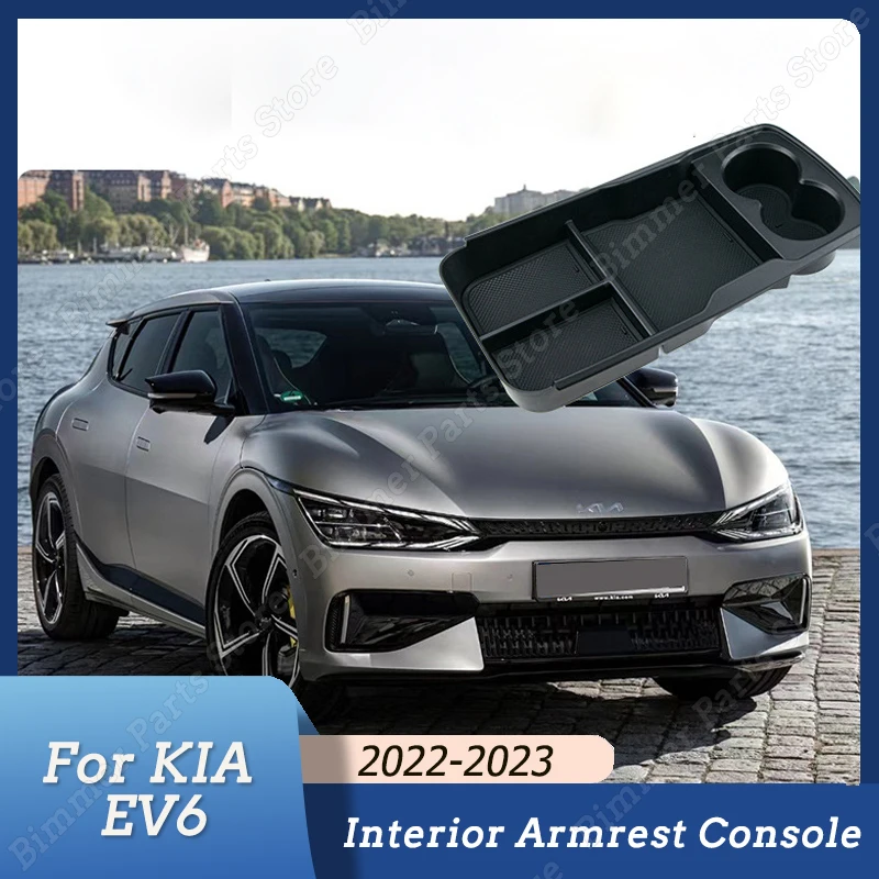 

ABS Black Interior Armrest Console Central Storage Box For KIA EV6 2022 2023 Water Cup Storage Box Auto Interior Accessories