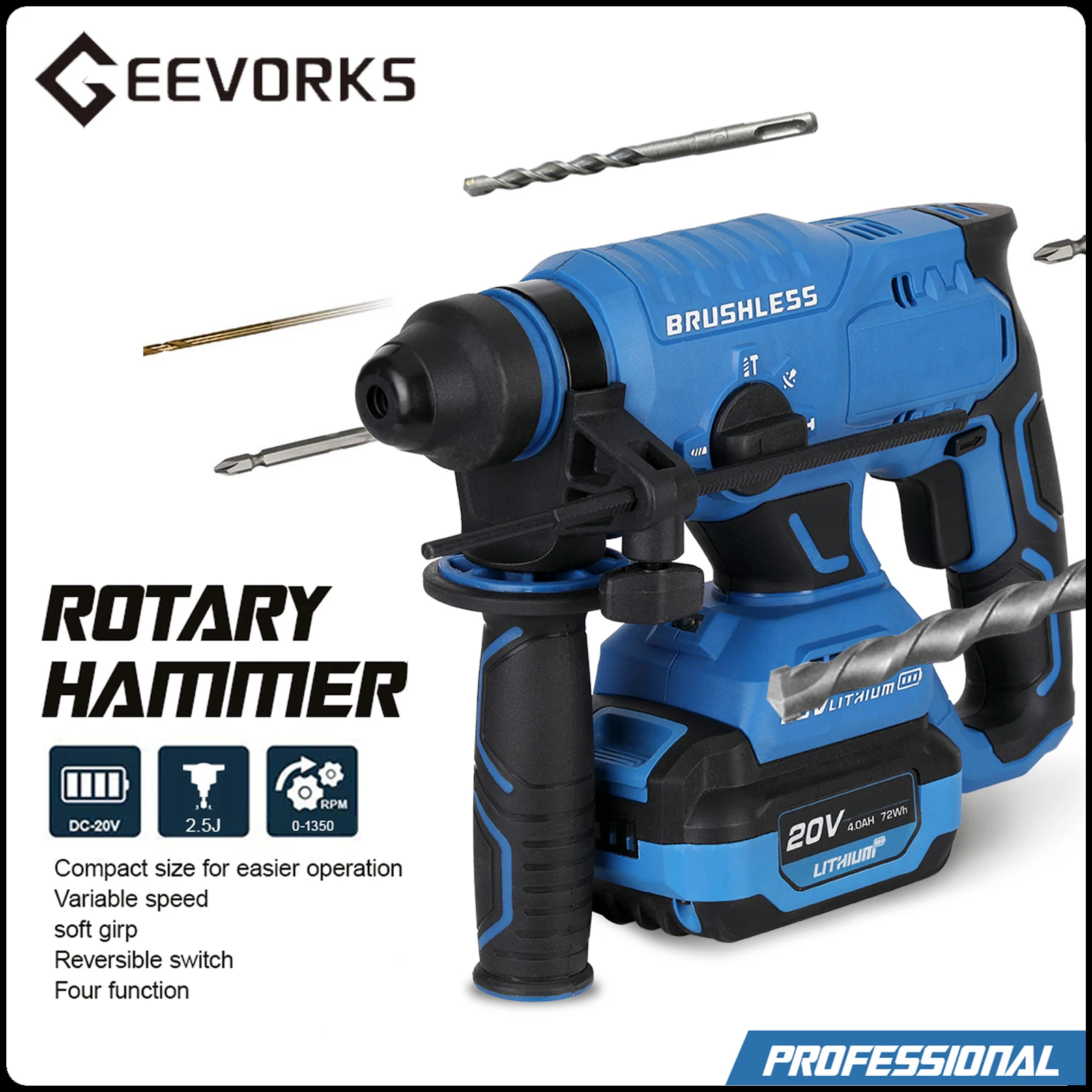 

Geevorks 20V Brushless Electric Rotary Hammer Drill With Dust Cover Depth Gauge And Auxiliary Handle Heavy Duty Demolition Tool