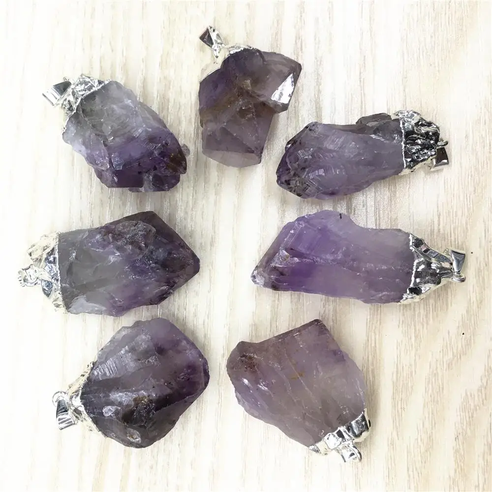 New Fashion Natural Stone Raw Ore Amethysts Silvers Pendant&Necklace Purple Crystal Gems Stone Pendants 6pcs for Jewelry Making