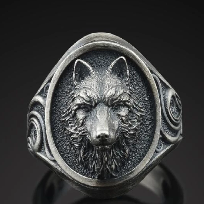 

Vintage Antique Silver Desire Viking Embossed Wolf Head Totem Animal Male Ring Men's Party Jewelry Accessories Wholesale