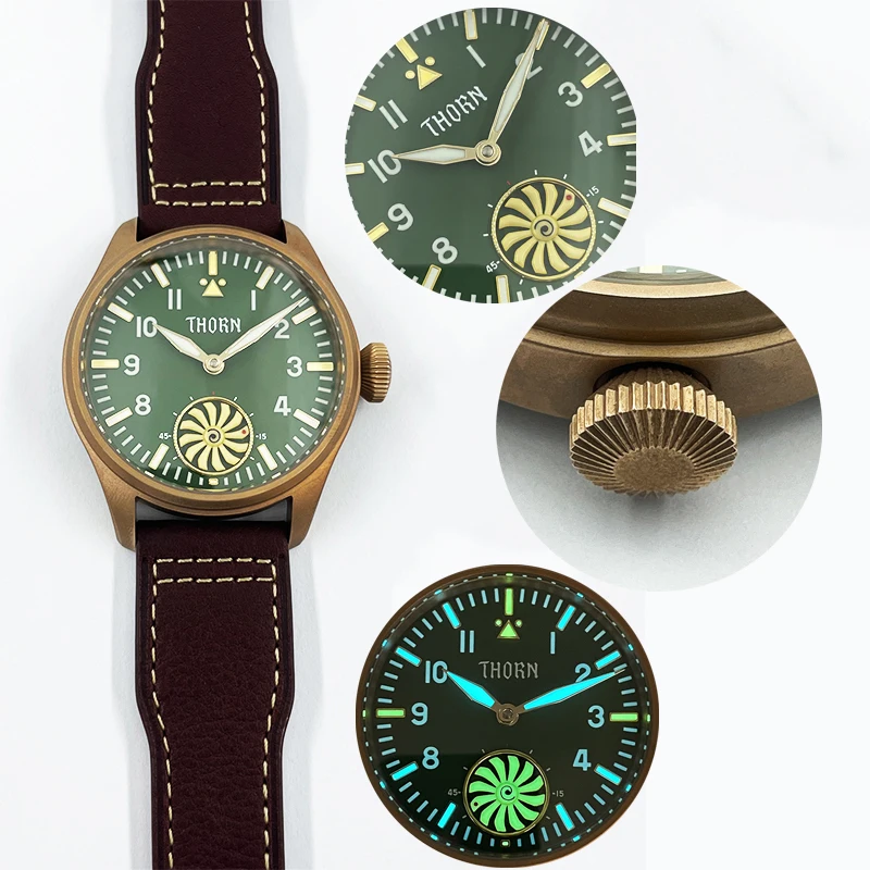 

THORN Men's CUSN8 Bronze Pilot Wristwatch 43mm Black Dial Sapphire Seagull ST3621 Hand Wind Mechanical Movement Luminous Marks