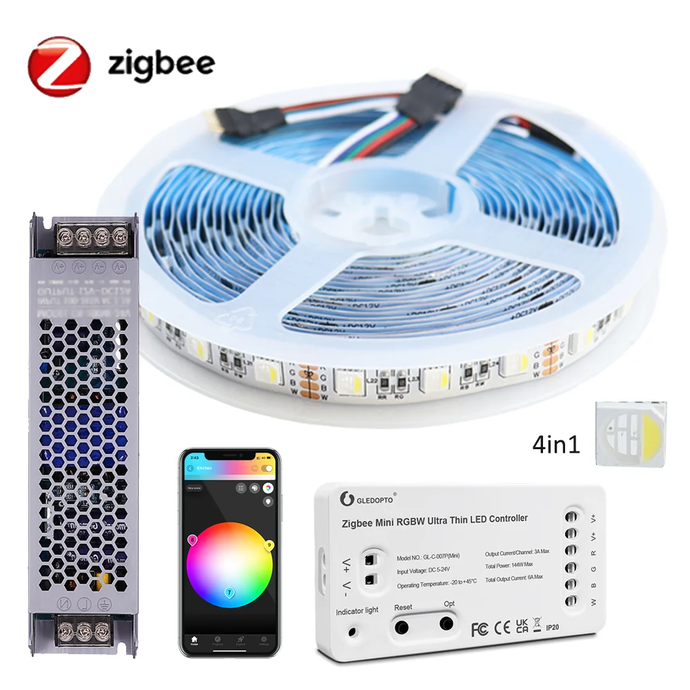 Светодиодная лента Zigbee 3,0 RGBWW, 5/10/20 м, 12 В, 24 В, 5050 дюйма, 4 в 1