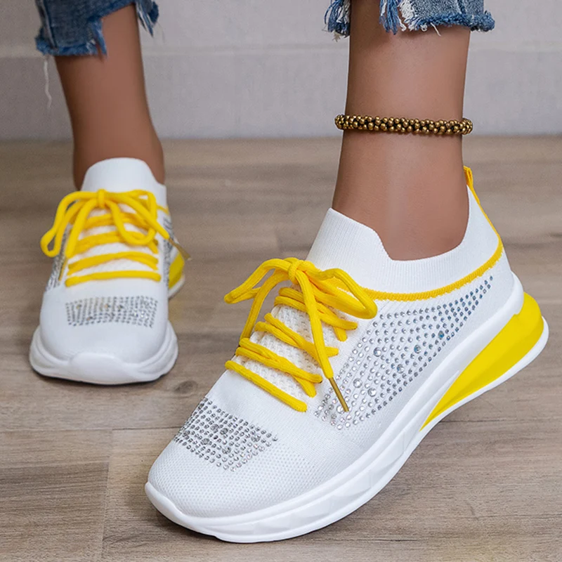 

Кроссовки женские со стразами, на шнуровке, дышащие Нескользящие, на платформе, повседневная спортивная обувь, большие размеры до 43, 2023