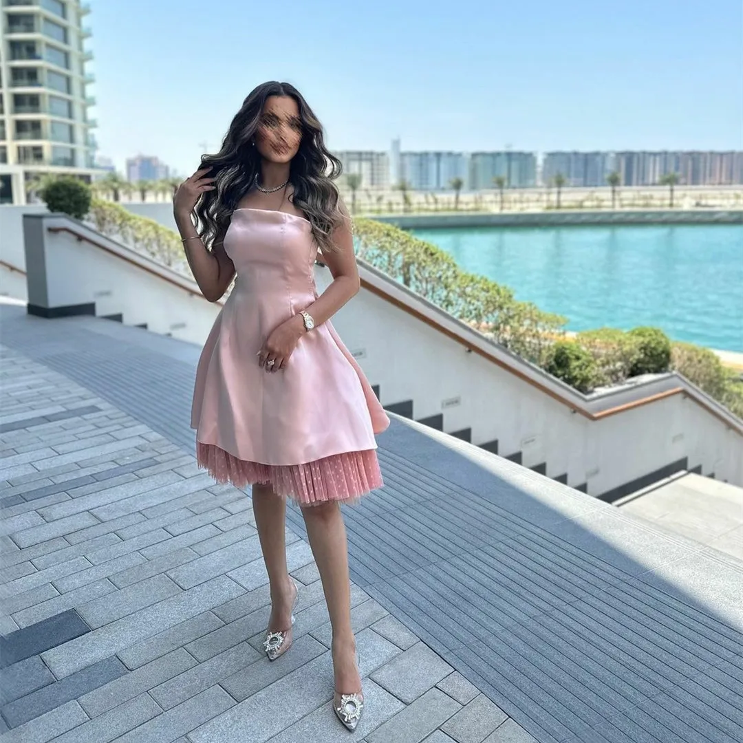 

Шикарные Короткие розовые вечерние платья без бретелек трапециевидного силуэта, тюлевые платья до колен, платья для выпускного вечера для женщин