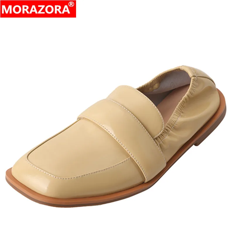 

MORAZORA New Genuine Leather Square Toe Loafers Shoes Woman Solid Low Heels Dress Shoes Shallow Ladies Slip On Spring Summer