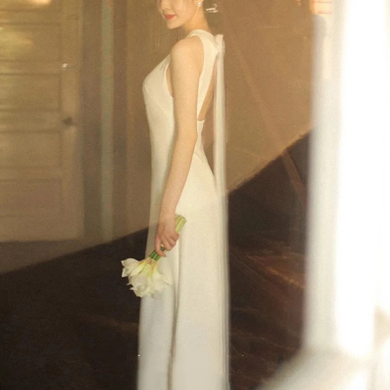 

Fashion Halter Bow Robe Mariage Femme Simple Sleeveless Satin Wedding Dresses Sexy Backless Elegant Long Vestido Casamento