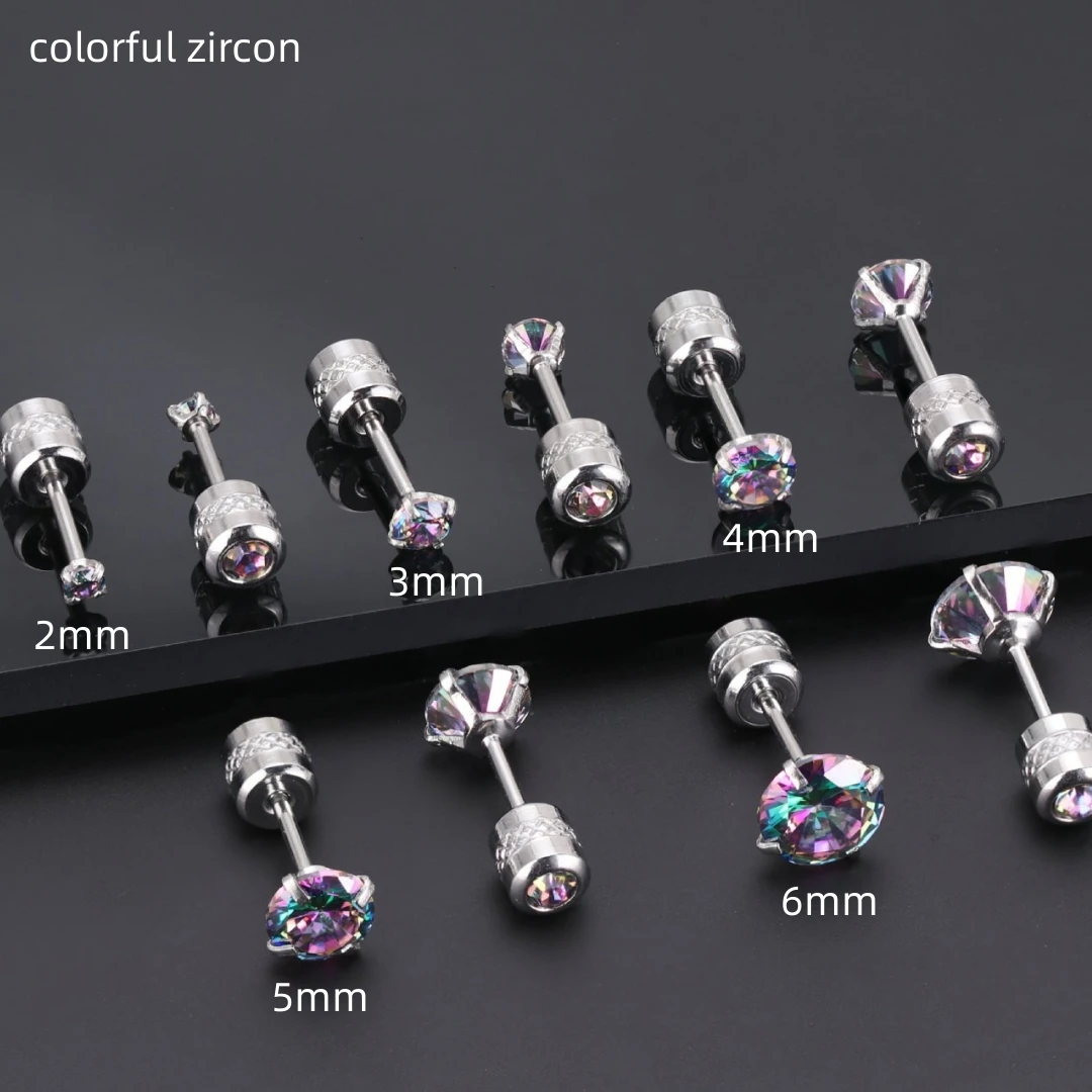 

316l Stainless Steel Screw-back Colorful Zircon Stud Earrings 2mm to 6mm Classical Style Plating No Easy Fade Allergy Free