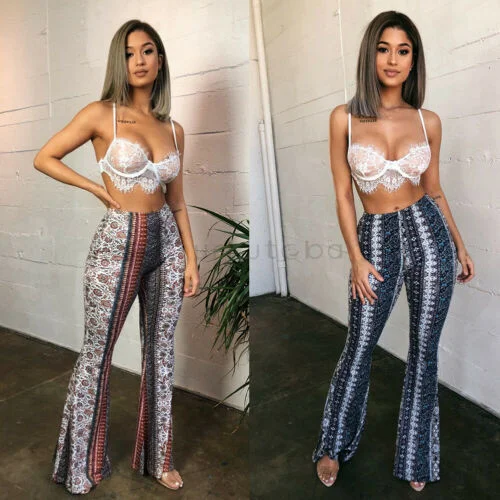 

Retro Trendy Slim Casual Street Hippie Women Boho Print Long Pants High Waist Flared Wide Legs Summer Bell Bottom Trousers S-XL