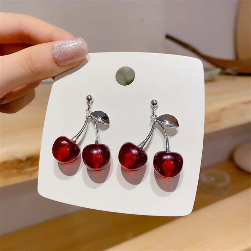 

New Sweet Summer Red Transparent Cherry Fruit Fashion Long Ear Nail Earrings Fashion Black Anime Earring For Women Party Jewelry