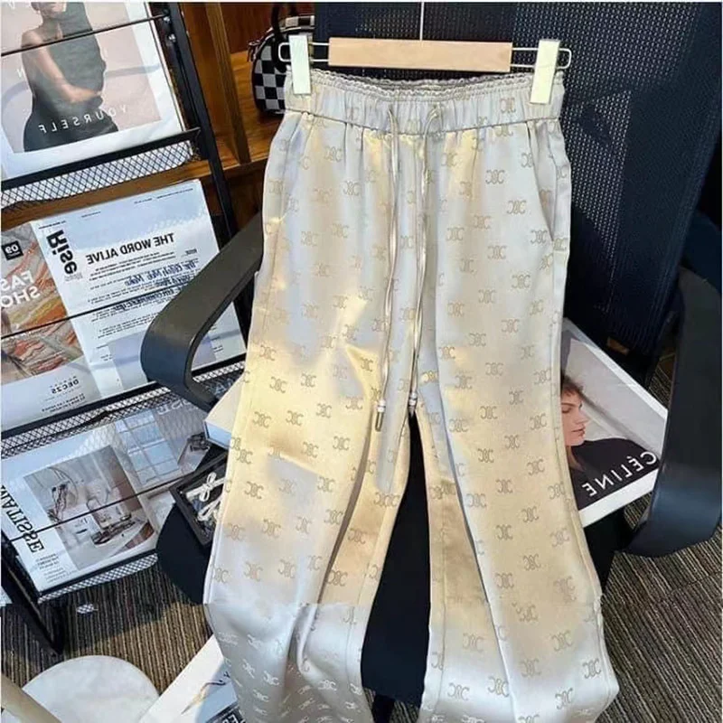 

2023 летние тонкие прямые брюки, женские глянцевые Сатиновые широкие брюки, повседневные Непринужденные крутые брюки