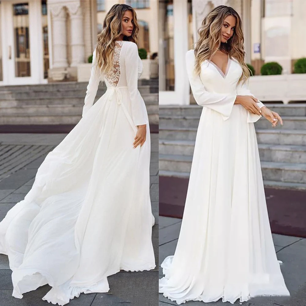 Long Sleeve Wedding Dress 2022 Satin Simple V-Neck Appliques Sexy  Bridal Gown Elegant Sashes Vintage For Women Civil Customize