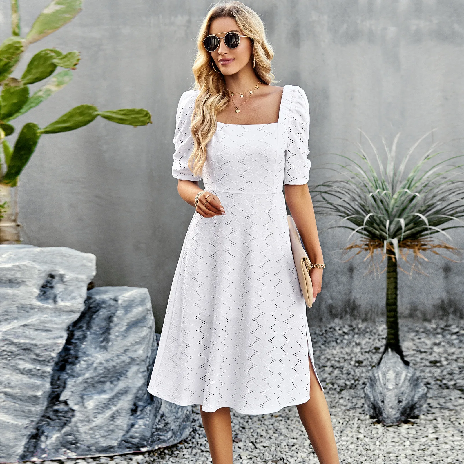 

2023 Summer European and American Fashion New Solid Color Square Collar Elegant Short-sleeved Casual Sexy Women Dress