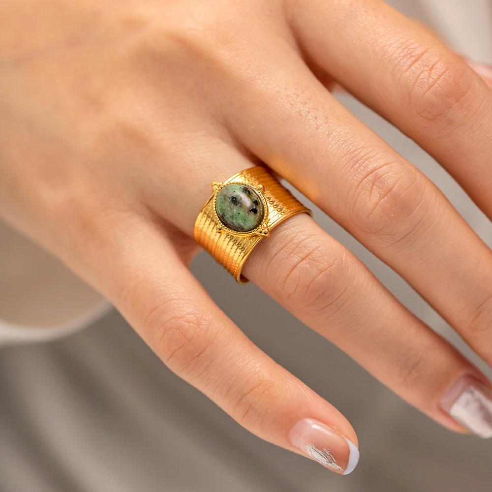 

Stainless Steel Green Natural Tiger Eye Opening Ring Statement Golden 18 K Plated Ring bague acier inoxydable Gift New