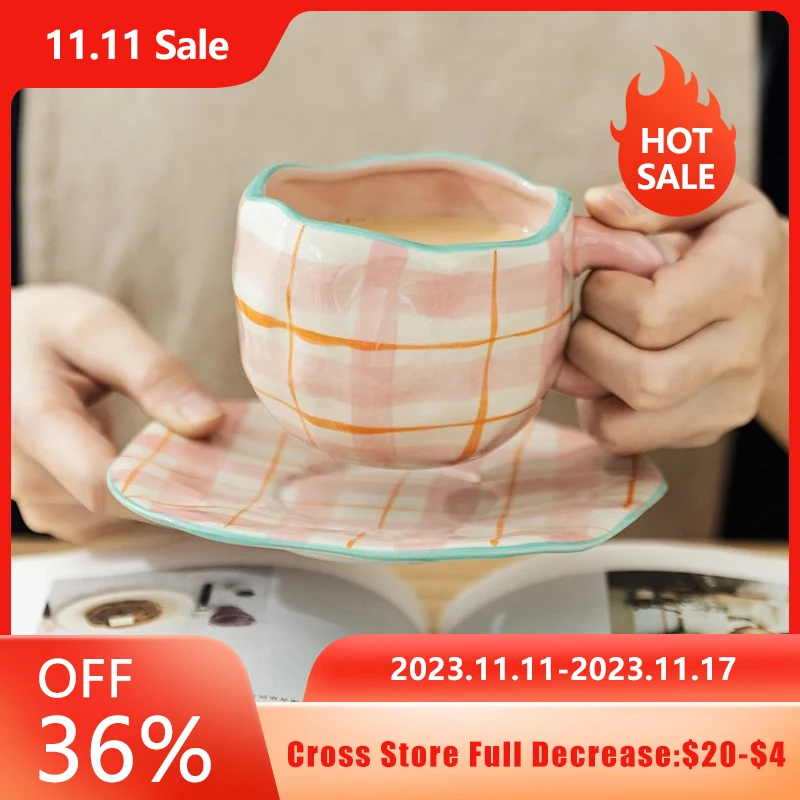 

Vintage Hand-painted Tulip Plaid Flower Ceramic Coffee Cup Saucer Milk Set Cup Breakfast Cup With Handle Microwave Oven Mug
