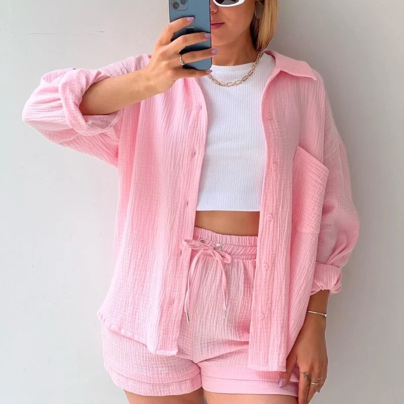

Women Spring Summer Cotton Beach Outfits Fashin Casual Solid Blouse Tops And Lace-up Shorts Suit Long Sleeve Shirt Two Piece Set