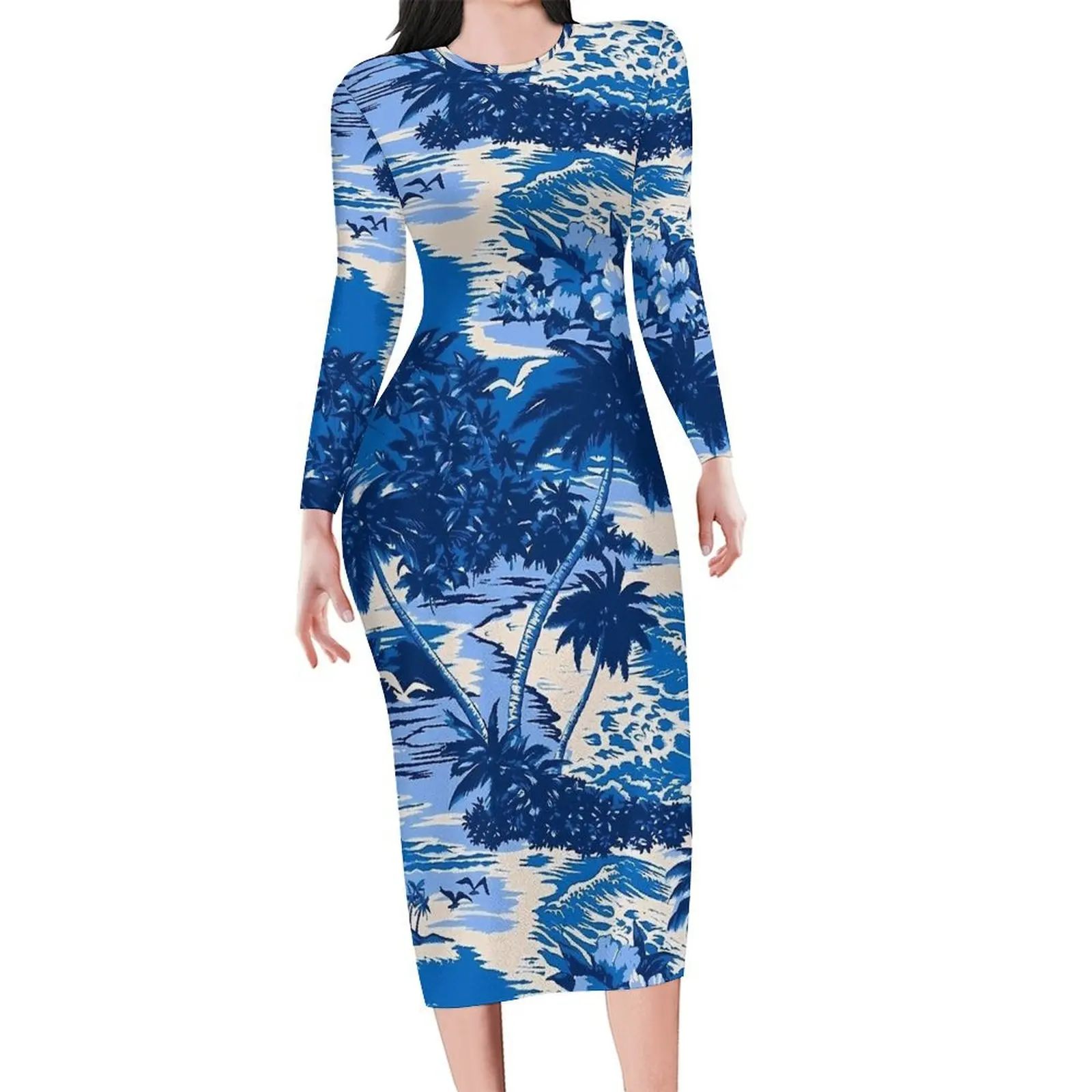Синее облегающее платье с гавайским принтом пальмов женские элегантные платья