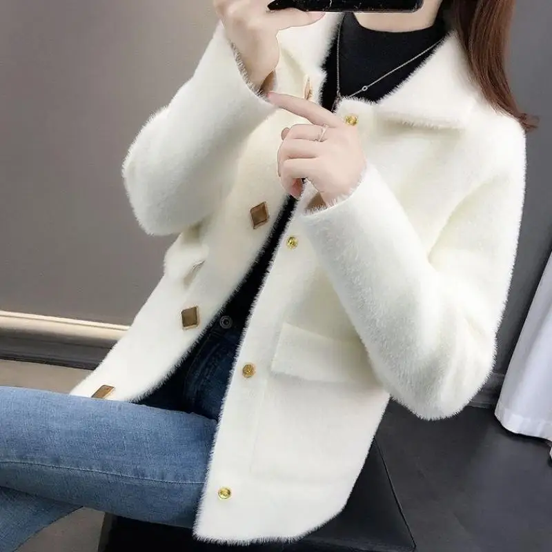 

2023 Autumn Woman Single Button New Short Coat Female Fleece Sweater Cardigan Ladies Knitted Jacket Loose Overcoat Mujer G145