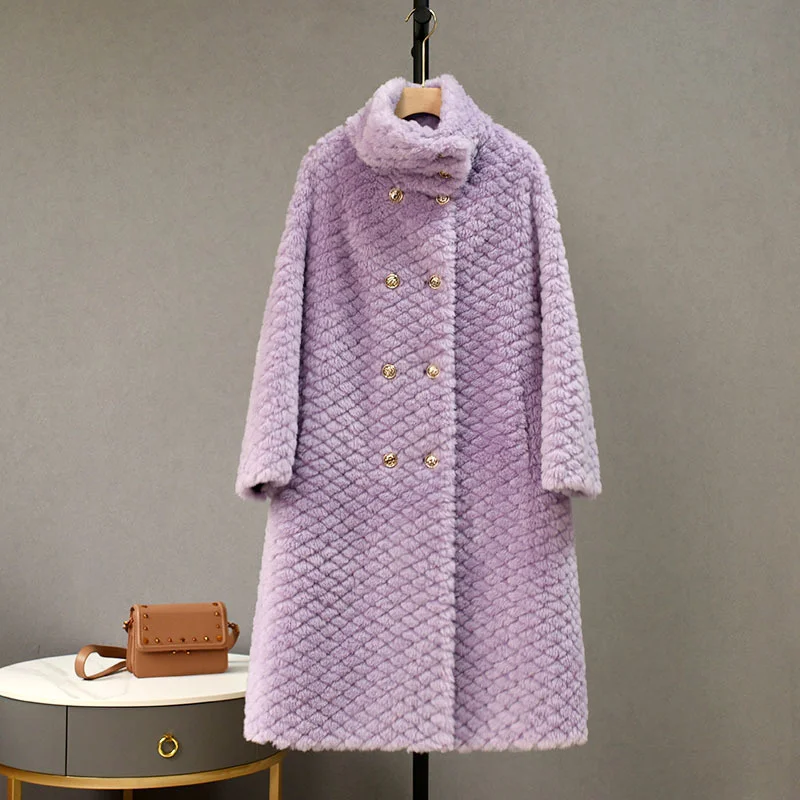 2022 New Women's Lamb Wool Grain Sheep Shearling Coat Autumn Winter Warm Fur Coat Casual Solid Color Lady Jackets Mid-length