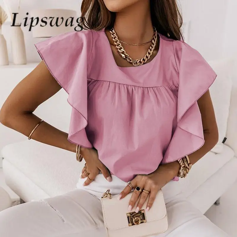 

Women's O Neck Ruffle Flying Sleeve Tops T-Shirt Casual Loose Solid Color Pleats Shirt Summer All-match Ladies Pullover Blouse