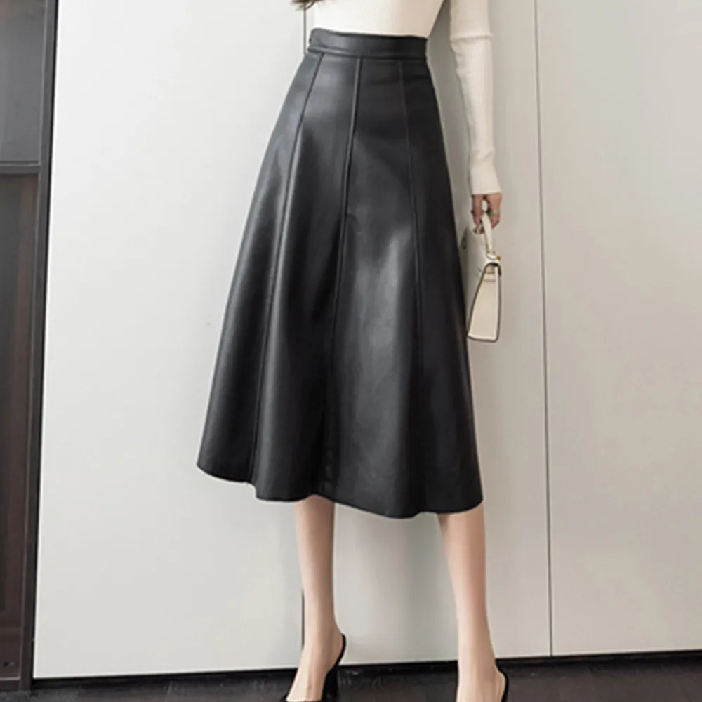 

Черная длинная юбка из искусственной кожи, женские элегантные модные плиссированные юбки А-силуэта с высокой талией, винтажные офисные жен...