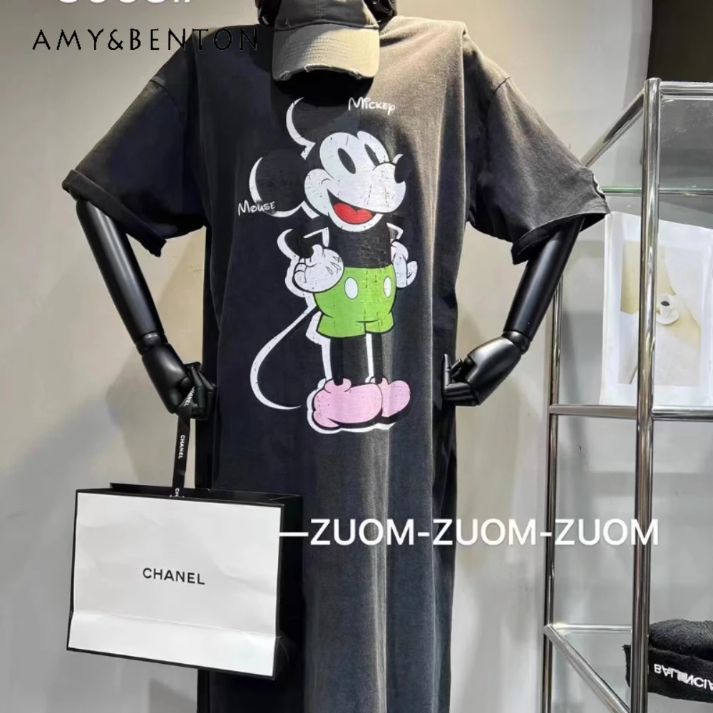 European Station Cute Cartoon Loose Long T-shirt Dress Women's 2023 New Embroidered Tshirts Purified Cotton Over The Knee Dress